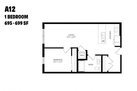 Floor plan for 1 bed, 1 bath, 699 sqft